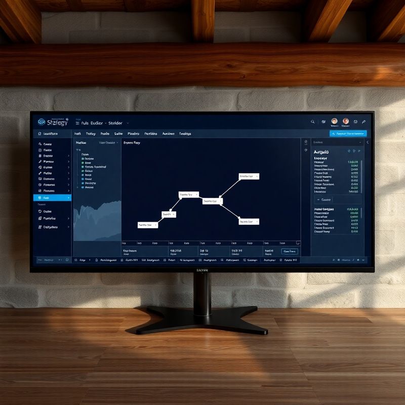 Strategy rule builder interface with a node graph connecting entry and exit conditions