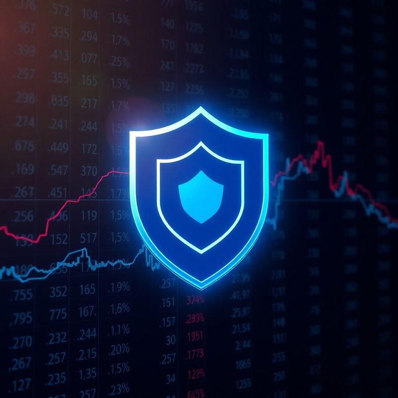 Glowing shield icon overlaid on real-time market price ticks representing risk controls