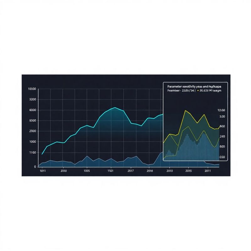 Equity curve chart with highlighted max-drawdown zones and parameter sensitivity heat-map