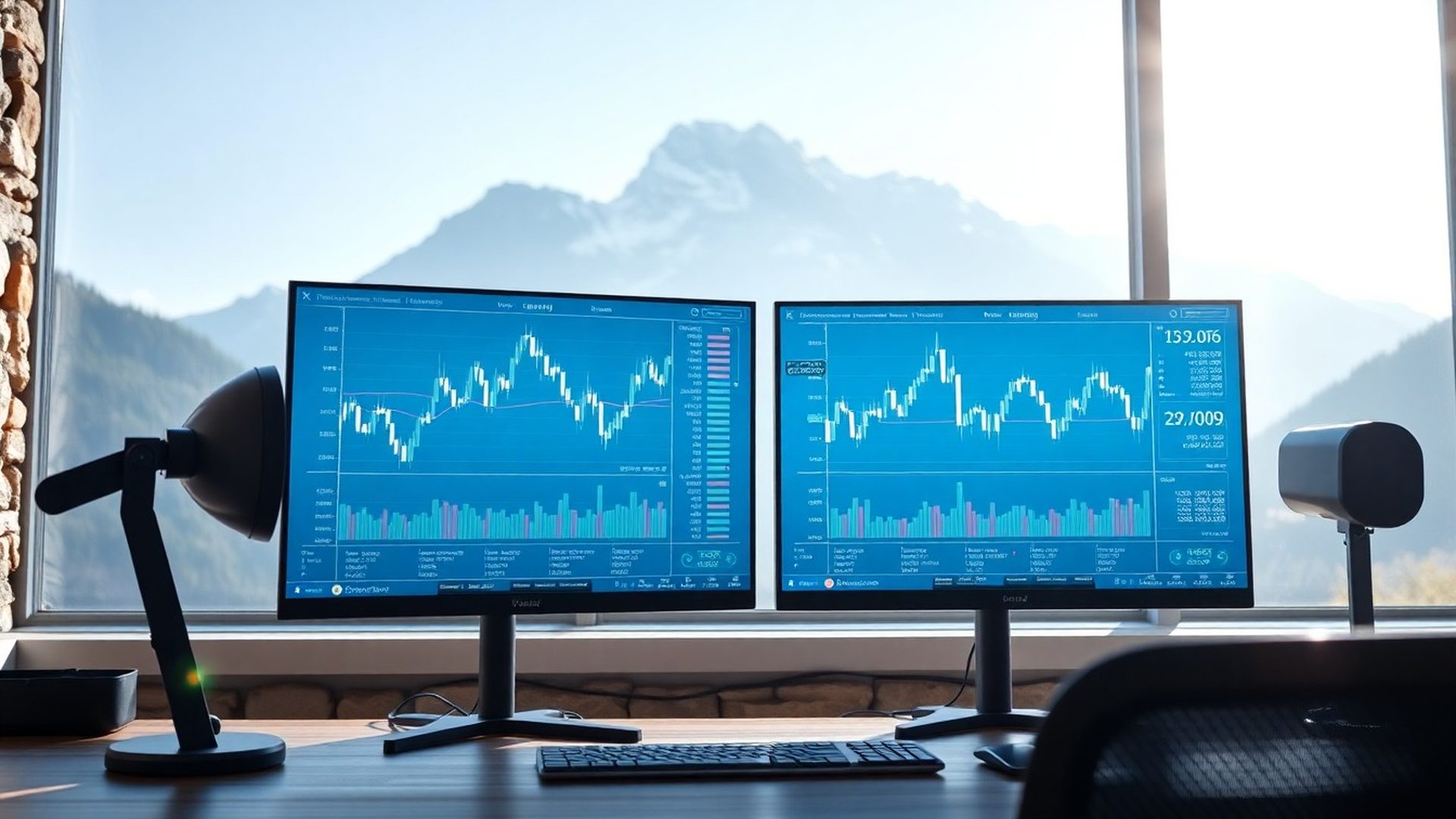 Dual-monitor trading terminal displaying real-time candlestick charts and order-book depth